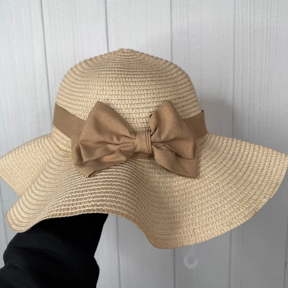 Beige Wide Brim Straw Hat with Bow